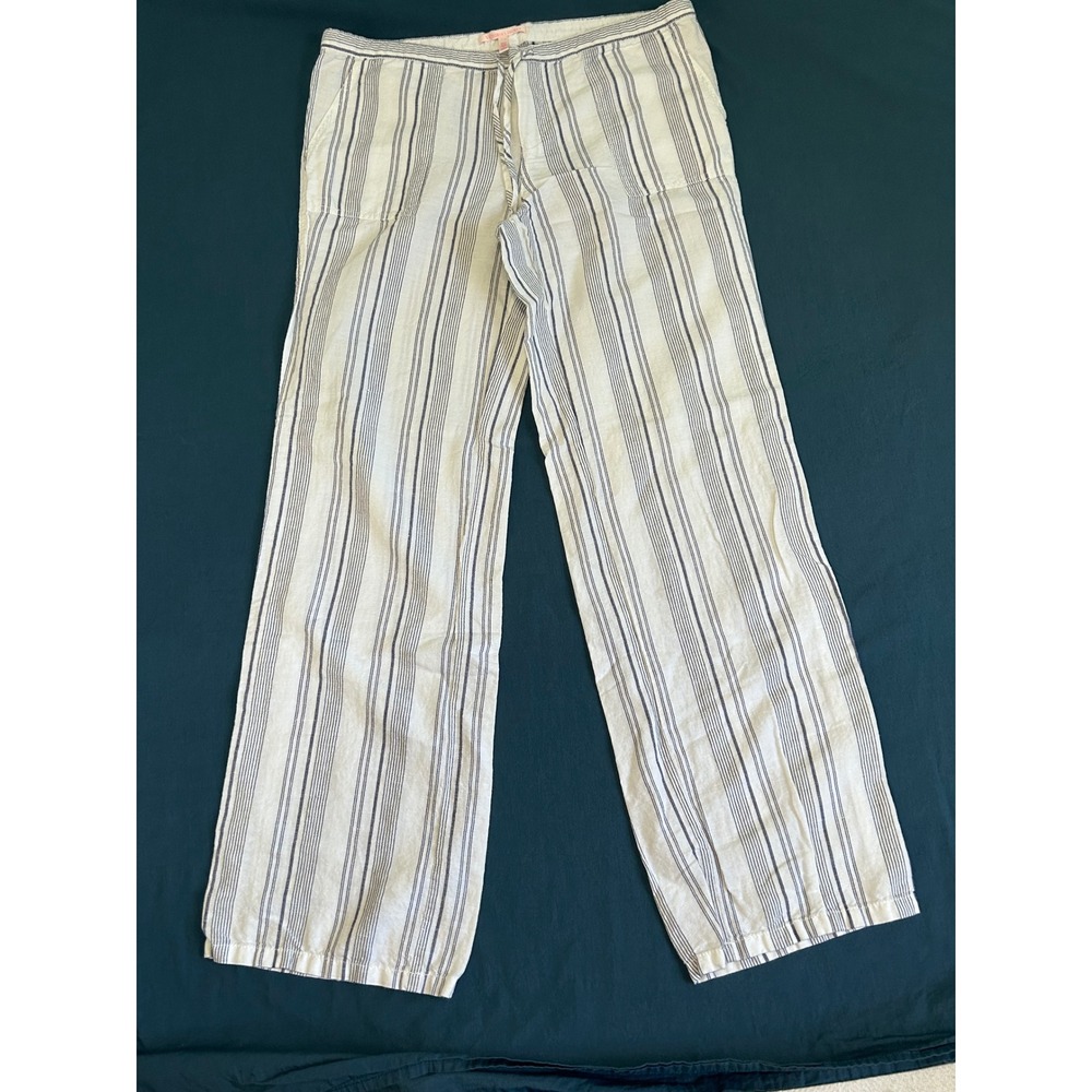 Victorias Secret Flax Linen cotton Blend Striped Pant Blue White Wide Leg Size 6